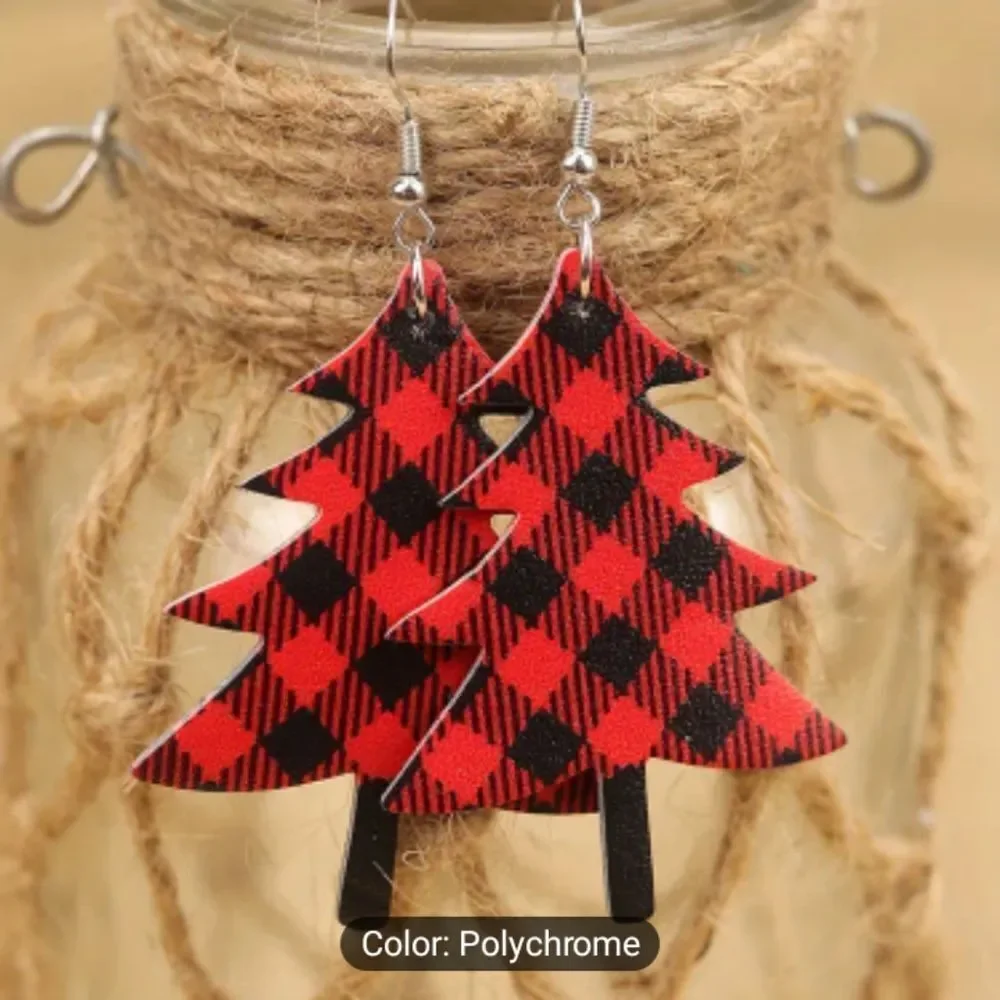 Earrings Christmas trees plaid dangle faux leather new e66